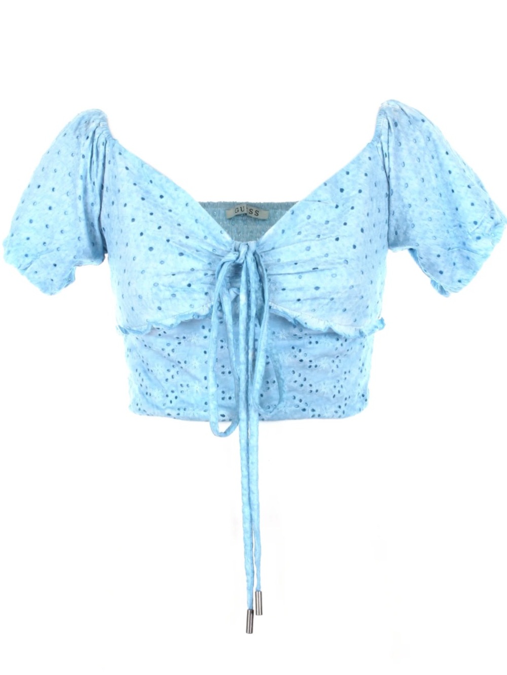 GUESS Light Blue Eyelet Puff-Sleeve Crop Top NEW
